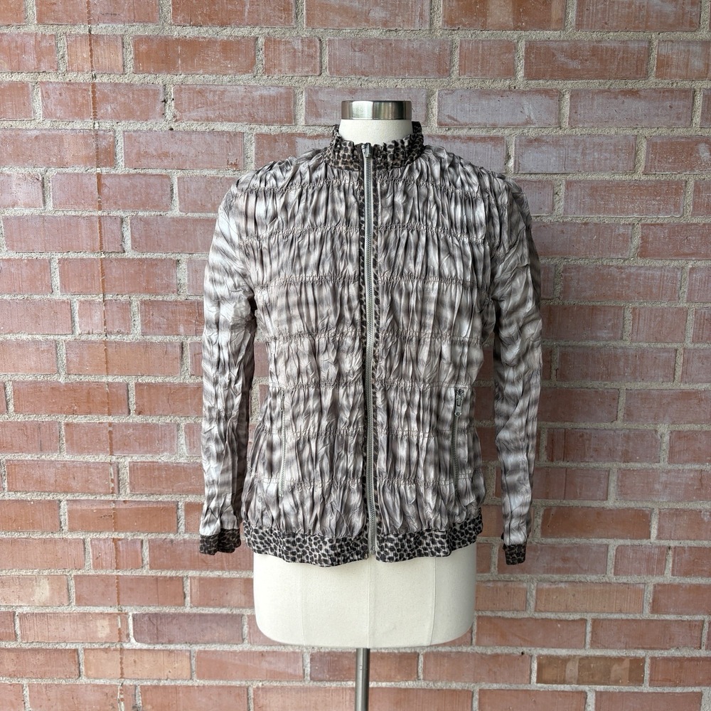 Chicos Animal Print Trim Crinkle Pleated Zip Up Jacket Neutral Size 1 medium